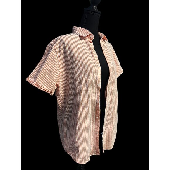 Denim & Flower Striped Short Sleeve Button-Up Shirt Men Orange/White Seersucker - Picture 3 of 7